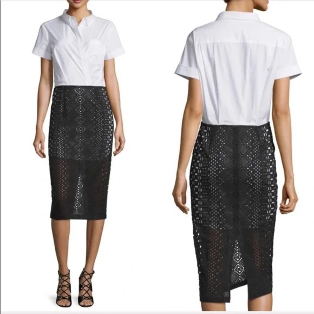 Veronica Beard Midi Shirt Dress 12 Pencil Skirt Black White Lace Classic office
